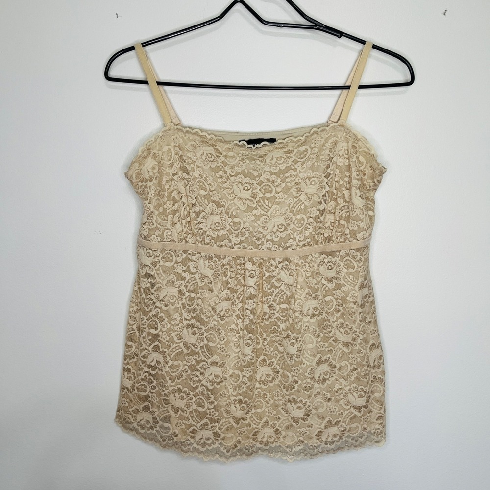 New York & Company Cream Floral Lace Camisole Empire Waist Babydoll Top Womens L